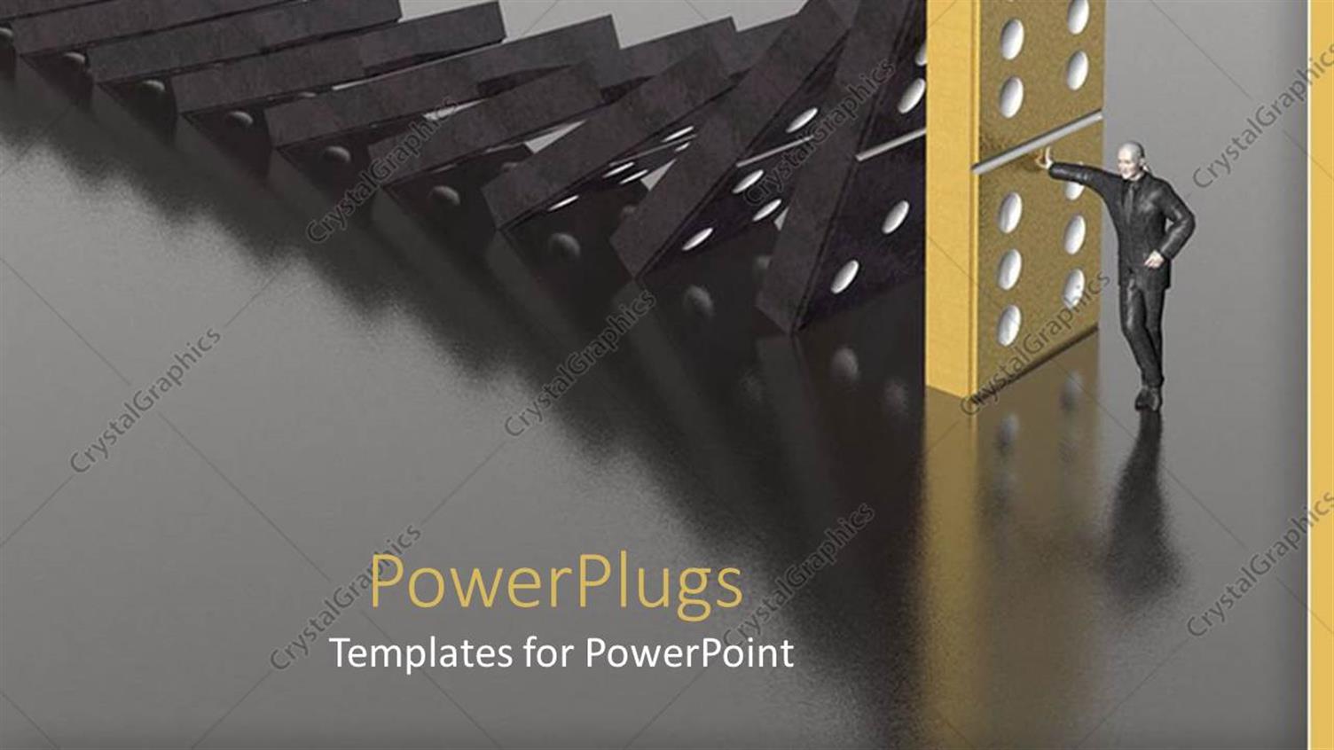 Featuring Man Preventing Dominoes from Tipping Over