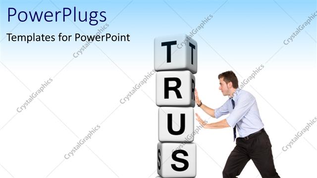  Presentation with pile - Man pushing pile of white?cubes with word TRUST