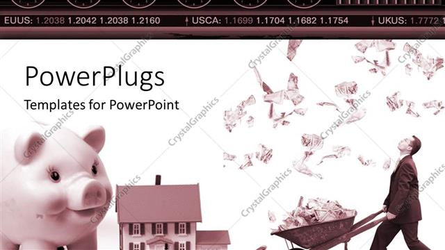  Presentation with cash - Man pushing wheel barrow filled with cash to house, keys, coins, piggy bank