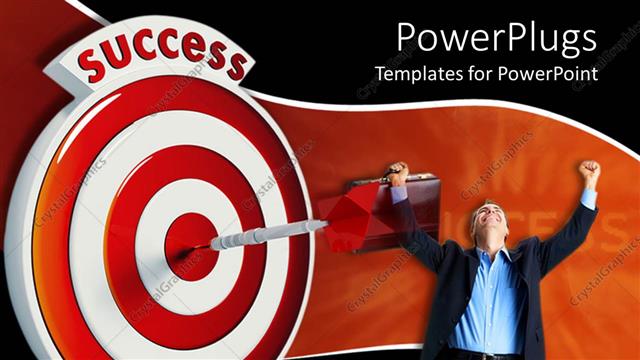  Presentation with target - Man rejoicing with dart hitting middle of success target