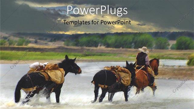  Presentation with horses - Man riding three horses though a shallow wide lake