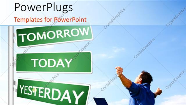  Presentation with today - Man sits in grass field beside road sign with hands outstretched