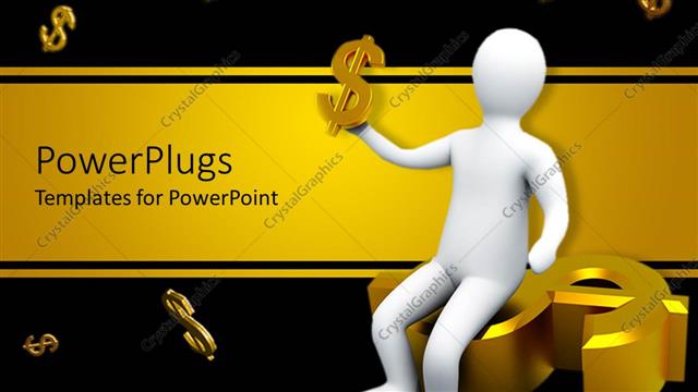  Presentation with dollar sign - Man sitting on and holding 3D dollar sign with black background