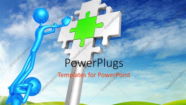  Presentation with shoulder - Man standing on another man's shoulder stretches hand to puzzle