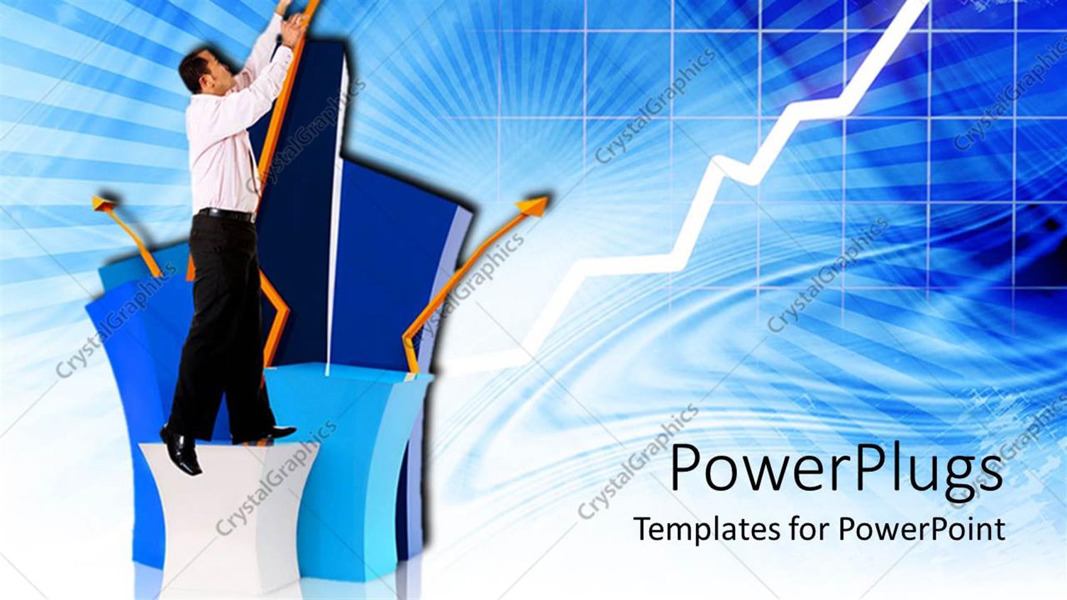 Featuring Man Standing on Box Reaching Up Next to Upward Pointing Golden Arrow