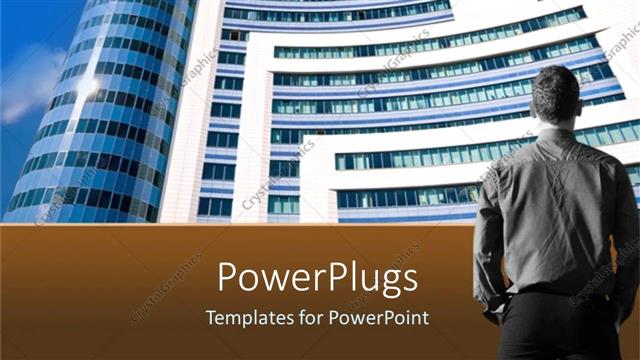  Presentation with tall building - Man standing in front of tall building rising to blue sky