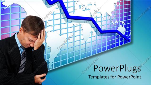  Presentation with world records - Man stands dejected as he records financial loss with world map in background