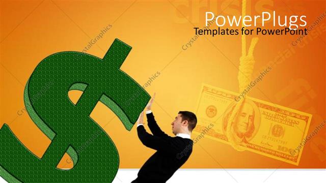  Presentation with crisis - Man struggling to stabilize large green three dimensional dollar sign
