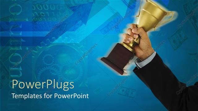  Presentation with trophy - Man in suit holding trophy in bright blue background