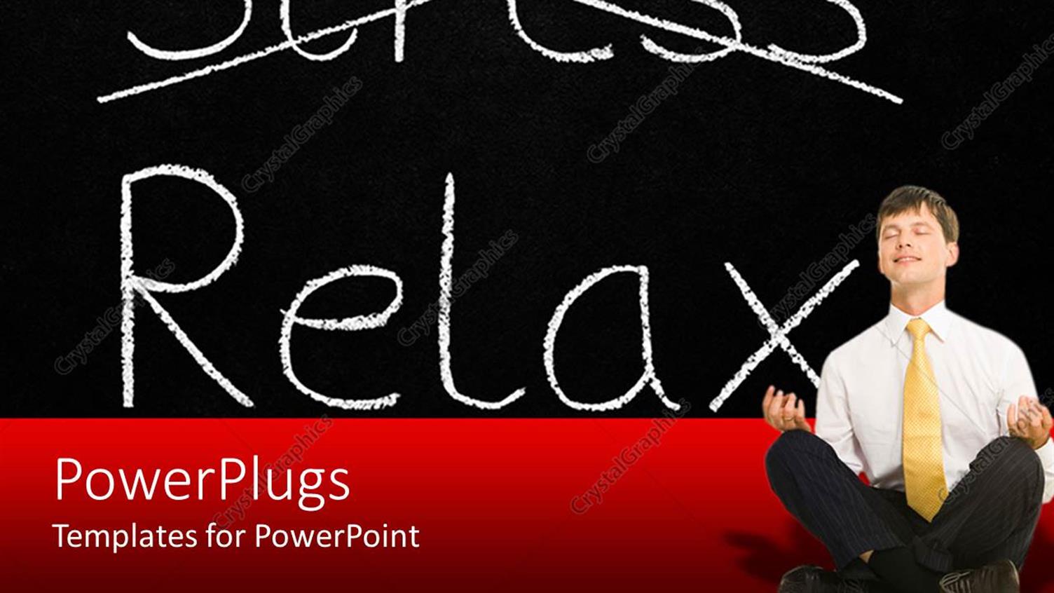 Featuring Man in Suit in Meditation Pose with Stress Crossed Out in Background