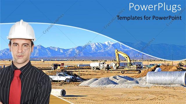  Presentation with busy - Man in suit, tie, hardhat at busy construction site