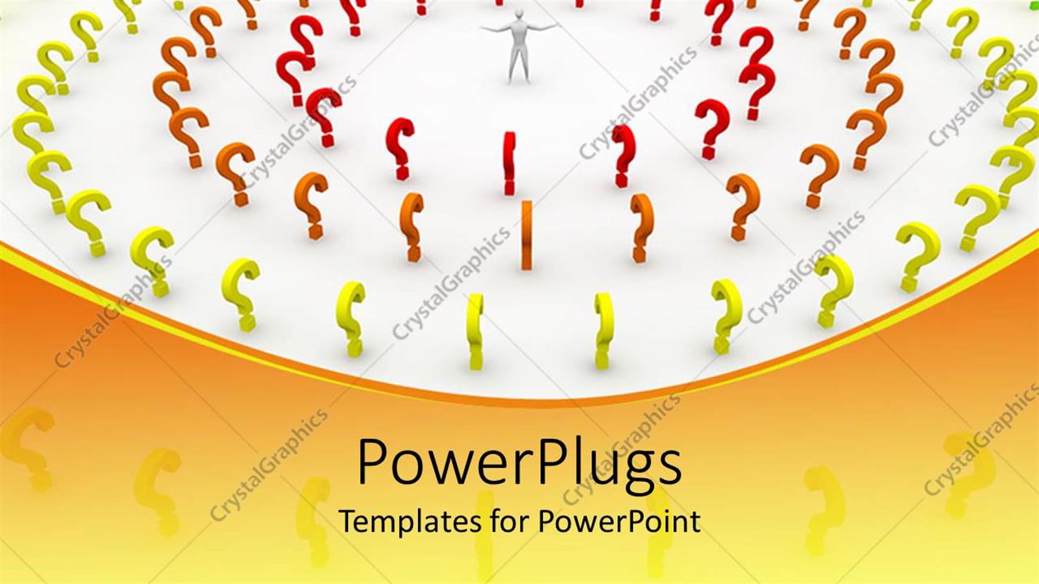 Featuring Man Surrounded by colorful Question Mark Symbols Forming concentric Circles