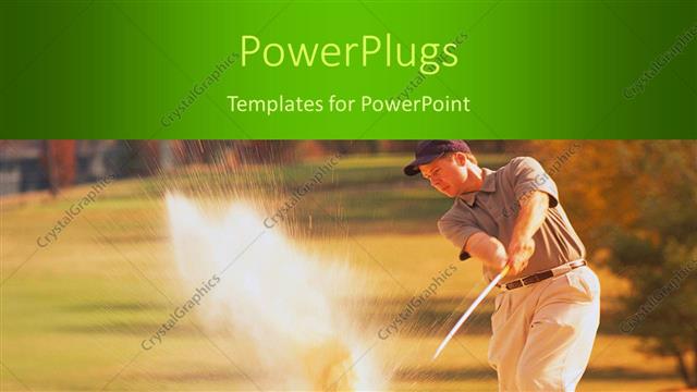  Presentation with club - Man swinging golf club in sand trap, green border