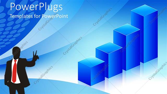  Presentation with red white blue business - Man wearing a business black suit, white shirt and red tie, with blue chart on blue and white background