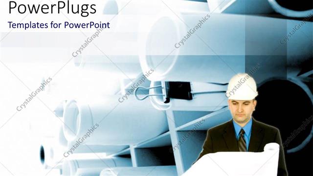  Presentation with scroll - A man wearing an engineers helmet, holding an open scroll?