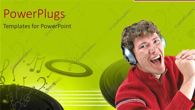  Presentation with music headphones - A man wearing headphones shouting on a green background