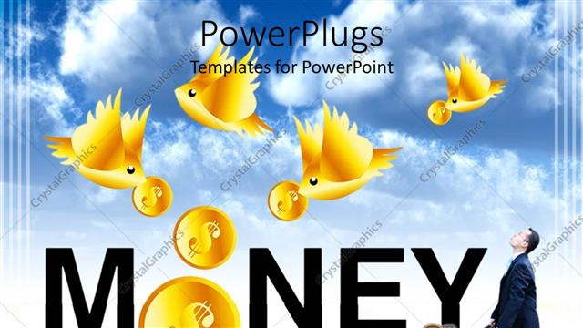  Presentation with wheel - Man with wheel barrow below gold bird dropping coins