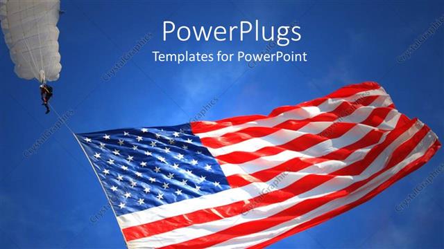  Presentation with parachute - Man with a white parachute holding an American flag