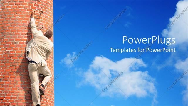  Presentation with white brick - Man in white suit climbing up a brick building on bright blue sky background