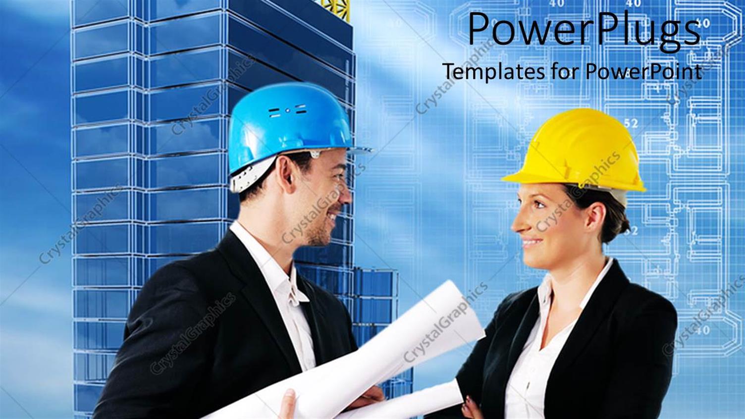 Featuring Man and Woman in Hard Hats with Blueprints, Buildings, Architecture, Construction, Project Management