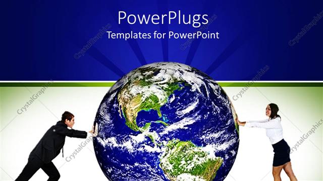  Presentation with man woman - A man and a woman pushing an earth globe from opposite ends