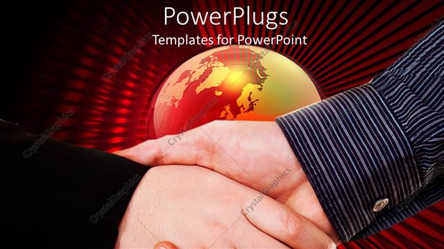  Presentation with red globe - Man and woman shaking hands in front of red and gold globe