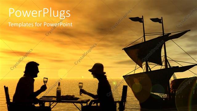  Presentation with sailboat - Man and woman with wine glasses at seaside with sailboat in distance