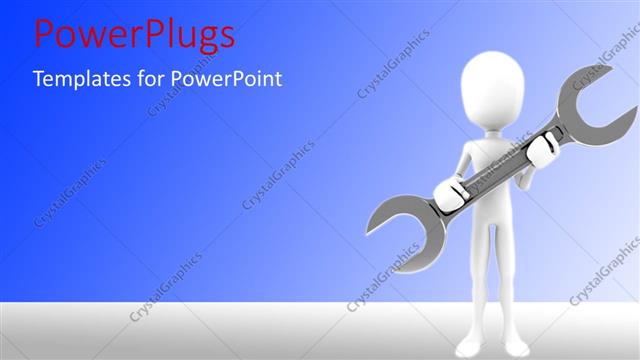  Presentation with worker - 3D man holds large spanner on blue background