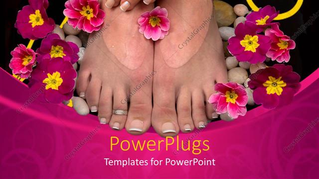  Presentation with purple flowers - Manicured hands and pedicured feet on smooth pebbles surrounded by purple flowers