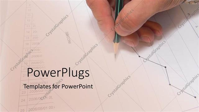  Presentation with hand holding pencil - Man's hand holding pencil working on financial graphs