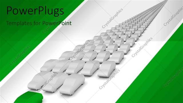  Presentation with transportation - Many white car models with green car in front on white background