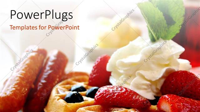  Presentation with maple - Maple syrup, waffles with whipped cream and strawberries on desk