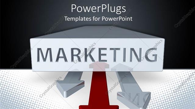  Presentation with gray - Marketing word printed on a white block and three double sided arrows, two gray arrows and a red arrow on a black and white background