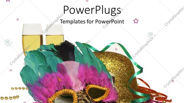  Presentation with champagne - Masquerade masks with beads and two champagne glasses in white background