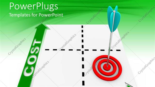  Presentation with matrix - Matrix with two green arrows with cost and value and blank paper divided in four squares and a red target with blue arrow in the middle of the target