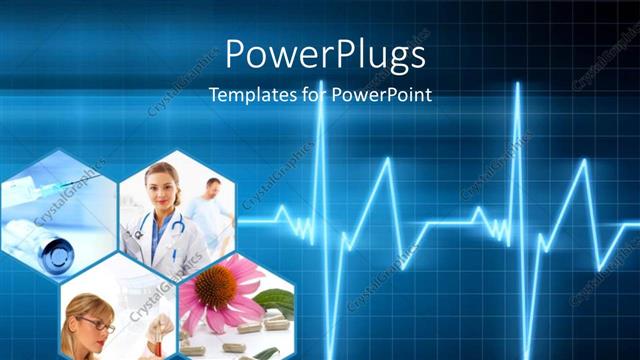  Presentation with collage medical - Medical collage with doctors, pills, injection and a ECG wave over blue background