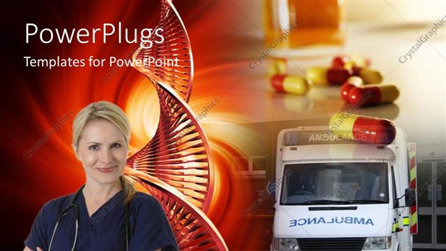  Presentation with collage medical - Medical depiction of nurse with stethoscope across neck, capsules and ambulance