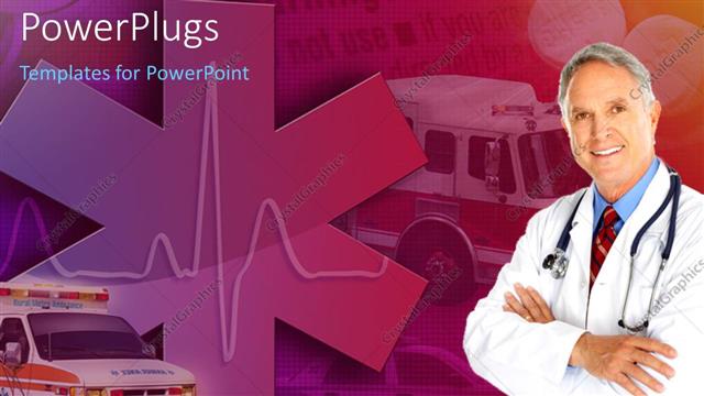  Presentation with rescue - Medical doctor with cadiogram?pulse and emergency ambulance in background?