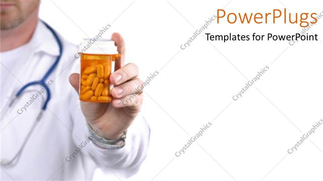  Presentation with medical pills - Medical doctor holding bottle of pills on white background