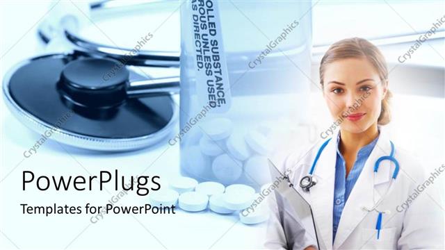  Presentation with medical pills - Medical doctor with pills in bottle and stecthoscope on white surface