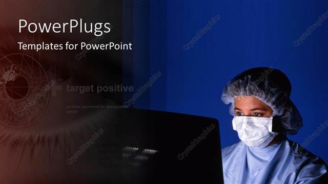  Presentation with medical records - Medical professional in scrubs and surgical mask examining computerized records