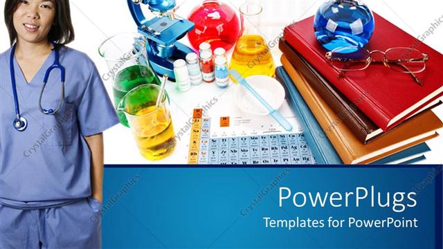  Presentation with research study - Medical research theme with periodic table, stethoscope, glassware, books, woman in scrubs with stethoscope