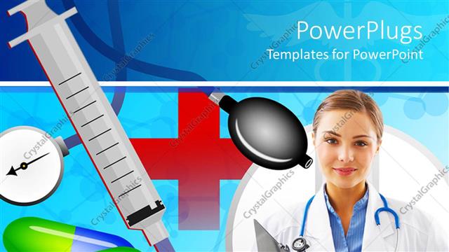  Presentation with medicine - Medical theme with doctor nurse with stethoscope and patients record, syringe with needle, medicine and capsules, blood pressure meter