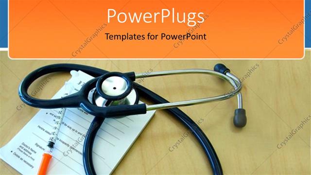  Presentation with medical desk - Medical theme with stethoscope on prescription pad and syringe on wooden desk