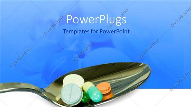  Presentation with medicines - Medicines, pills and capsules on spoon with white and blue background