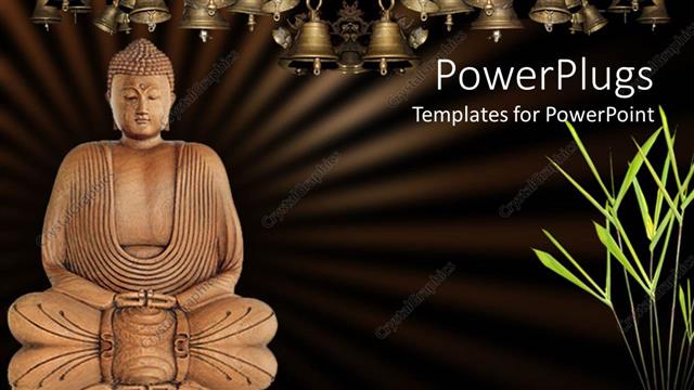  Presentation with water bamboo - Meditating Buddha with lotus flowers on water, bamboo grass and bells