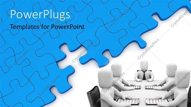  Presentation with conference table - 3D men sit at conference table with blue jigsaw puzzle in background