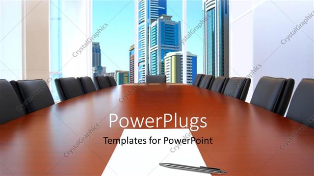  Presentation with meeting - Meeting room in front focus, sheet of paper and pen on table with buildings in background