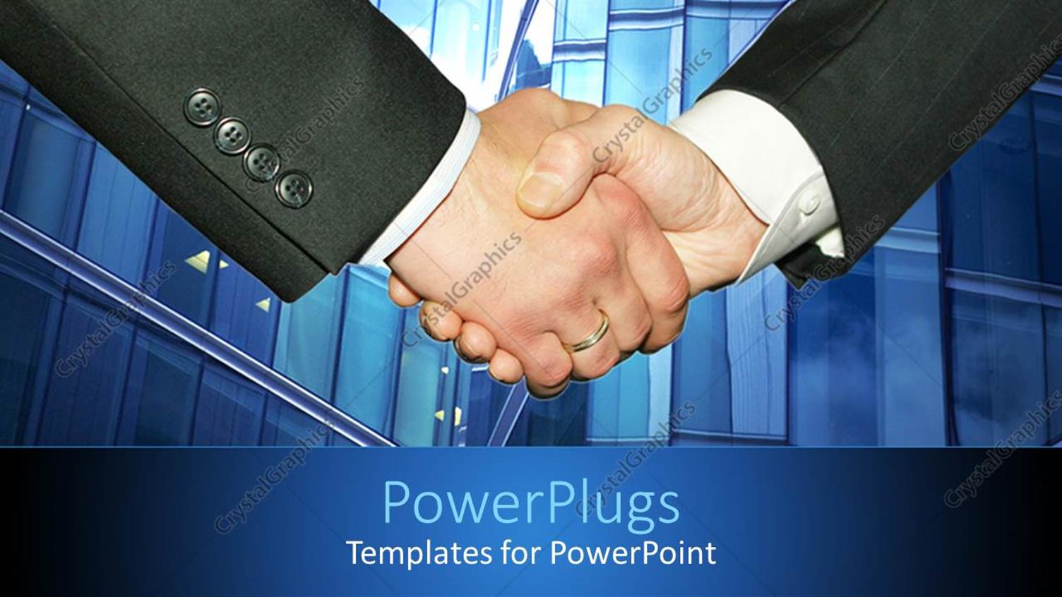 Featuring Men Shake Hands with Blue Tall Tower in Background