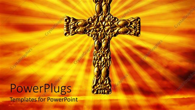  Presentation with metal - Metal gold cross on necklace with sun rays surrounding it on orange background